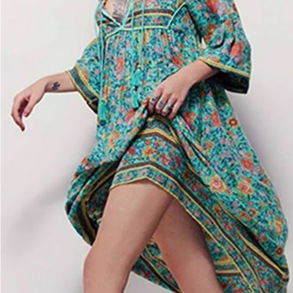 FP to love Boho Teal Floral High-Low Maxi Dress
